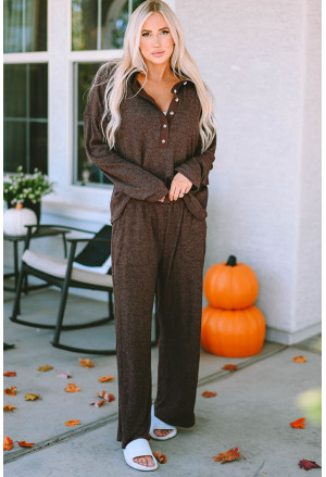 Brown Ribbed Knit Collared Henley Top and Pants Lounge Outfit