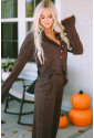 Brown Ribbed Knit Collared Henley Top and Pants Lounge Outfit
