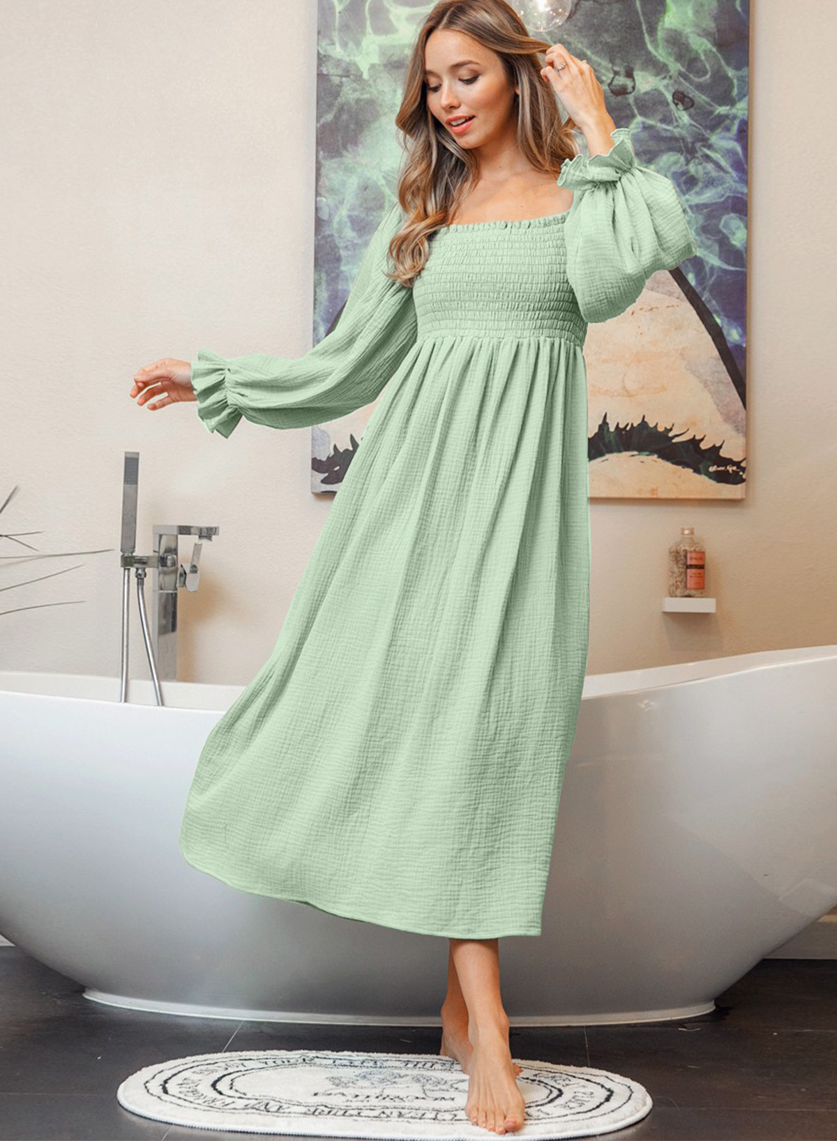 Green Smoked Flounce Sleeve Textured Empire Waist Maxi Dress -  SELECTAFASHION.COM