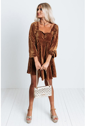 Brown Tie Back Square Neck Velvet Babydoll Dress