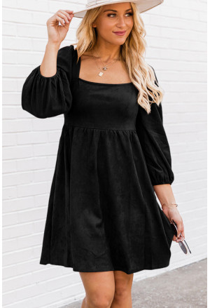 Black Suede Square Neck Puff Sleeve Dress
