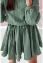 Pickle Green Button Neck Puff Sleeve Belted Pleated Mini Dress