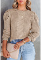 Apricot Cable Ribbed Knit Mix Pattern Puff Sleeve Sweater