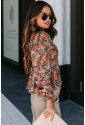 Orange Floral Flounce Sleeve Front Tie Sweetheart Neck Blouse