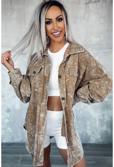 Khaki Vintage Distressed Mineral Wash Oversized Shacket