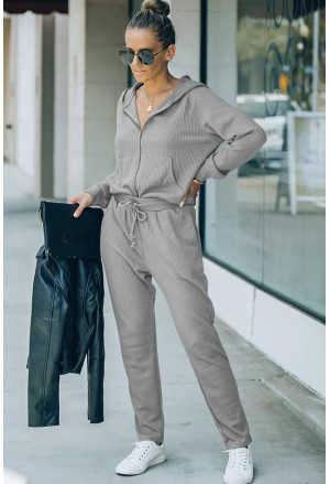 Gray Waffle Knit Zip-Up Hoodie and Pants Athleisure Outfit