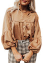 Brown Puff Sleeve Collared Pleated Babydoll Blouse