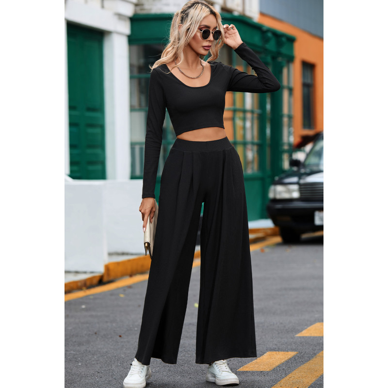 Black Solid Color Ribbed Crop Top Long Pants Set 