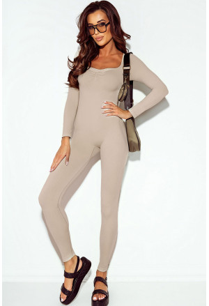 Beige Ruched Square Neck Long Sleeve Sports Jumpsuit