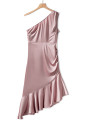 Asymetrické spoločenské ružové šaty s volánovou sukňou 