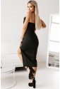 Black Rhinestone Straps Feather Trim Bodycon Midi Dress with Slit