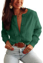 Green Lace Trim Ribbed Round Neck Button Up Cardigan