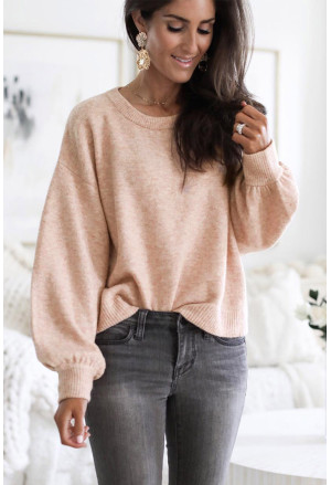 Pink Ribbed Trim Balloon Sleeve Sweater