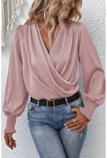Pink Solid Surplice Neck Shirred Cuffs Draped Blouse