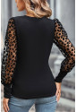 Black Leopard Mesh Puff Sleeve Patchwork Slim Fit Top