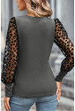 Grey Leopard Mesh Puff Sleeve Patchwork Slim Fit Top