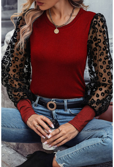 Red Leopard Mesh Puff Sleeve Patchwork Slim Fit Top