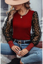 Red Leopard Mesh Puff Sleeve Patchwork Slim Fit Top