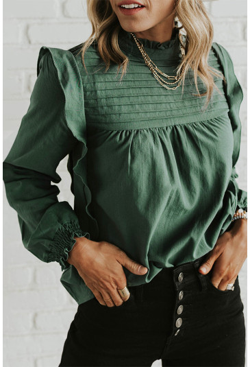 Green Solid Color Stand Neck Ruffled Puff Sleeve Blouse
