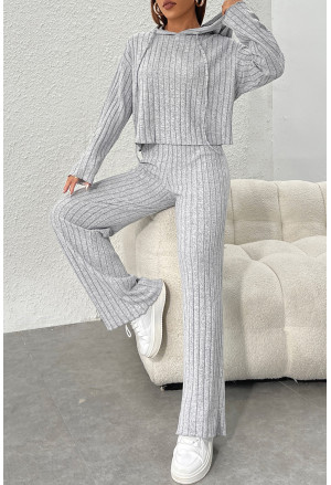 Grey Hoodie Ribbed Knit Loungewear Set RIKA