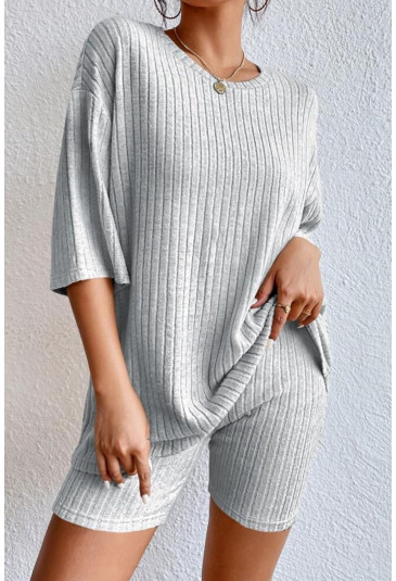 Grey Plain Ribbed Loose Fit Two Piece Lounge Set