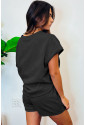 Black 2pcs Solid Textured Drawstring Shorts Set