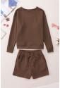 Brown 2pcs Solid Textured Drawstring Shorts Set