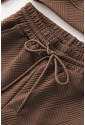 Brown 2pcs Solid Textured Drawstring Shorts Set