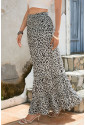 Leopard Embellished High Waist Frill Tiered Maxi Skirt