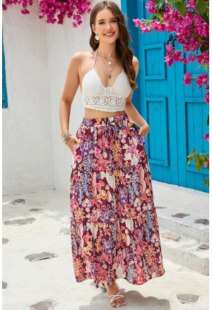 Floral Print Shirred High Waist Maxi Skirt