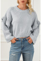 Gray Pearl Embellished Ruffle Wide Sleeve Sweate