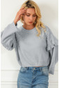 Gray Pearl Embellished Ruffle Wide Sleeve Sweate