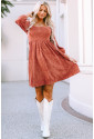 Brown Suede Square Neck Puff Sleeve Dress