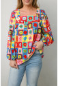 Multicolor Floral Crochet Square Neck Puff Sleeve Blouse