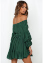 Green Off-Shoulder Bubble Sleeve Ruffled Dress