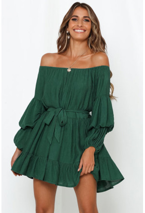 Zelené carmen šaty s dlhým rukávom