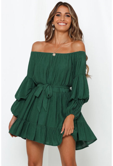 Zelené carmen šaty s dlhým rukávom