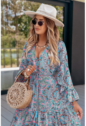 Paisley Ruffle Trim Elegant Maxi Dress