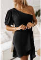 Black Asymmetric Bubble Sleeve Twist Knot Wrap Dress