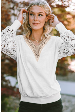 White Lace Splicing V Neck Puff Sleeve Top