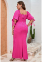 Rose Bow Tie Puff Sleeve Plus Size High Slit Maxi Dress