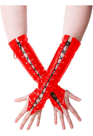 Fashion Red Long Lace-up Fingerless Gloves