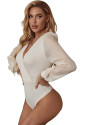 Apricot V Neck Wrap Mesh Sleeves Bodysuit