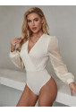 Apricot V Neck Wrap Mesh Sleeves Bodysuit