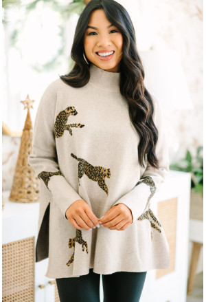 Cheetah Side Split High Neck Oversized Sweater