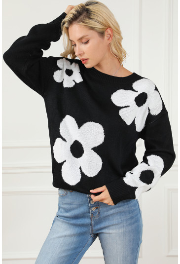 Flower Black Slouchy Sweater