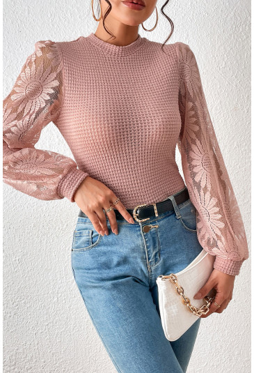 Long-sleeved pink waffle sunflowers top