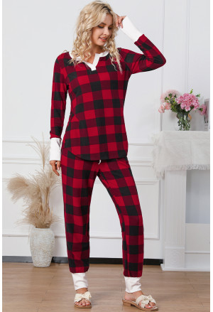Red Plaid Long Sleeve Top and Pants Lounge Set
