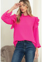 Pink Button Keyhole Back Pleated Ruffle Trim Blouse