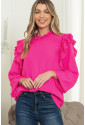 Pink Button Keyhole Back Pleated Ruffle Trim Blouse